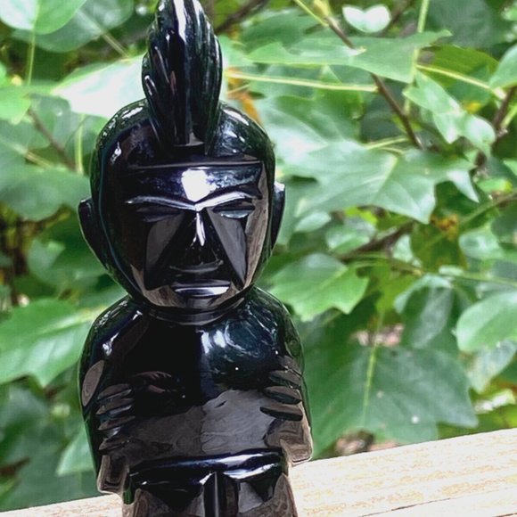 Aztec Black Onyx Gold Mayan Obsidian Carved Statue Stone Sitting Tiki Figure - Picture 1 of 13